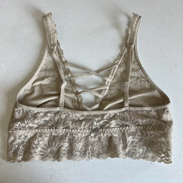 Victoria's Secret PINK Strappy Plunge Criss-Cross beige Lace Bralette Small - Image 4