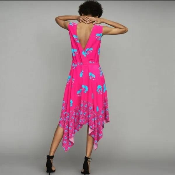 Maje 38G Rushia‎ Sleeveless Floral Print Dress Pink Blue Handkerchief Hem Small - Image 3