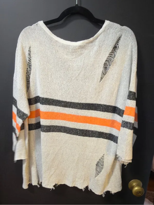POL Cream Distressed Knit Pullover with Orange & Black Sleeve Stripes - Image 2