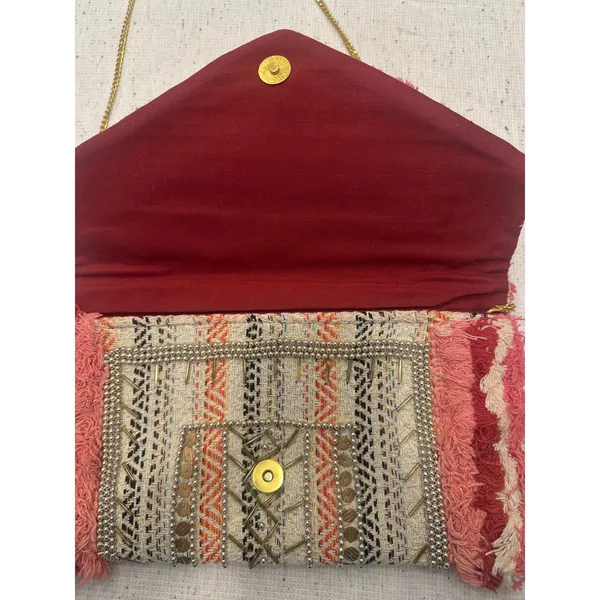 Antik Kraft Boho Beaded Fringe Envelope Clutch Crossbody Bag Pink Red fairy - Image 5