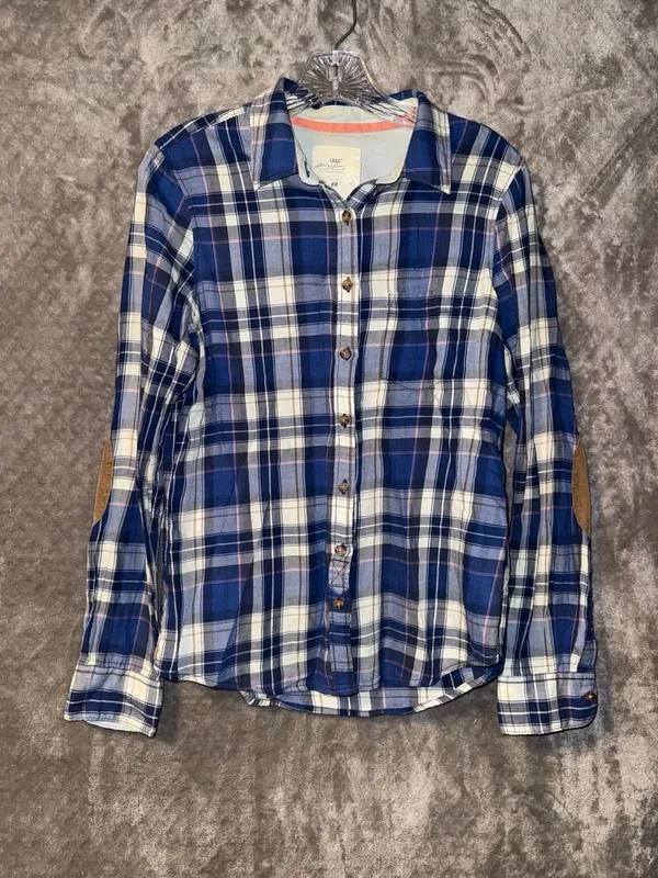 L.O.G.G. H&M Label of Graded Goods Blue Plaid Flannel Shirt with Elbow Patches - Image 2