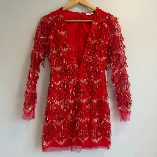Superdown Nia Sequin Red Fringe Party Mesh Embellished Glam Dress NWT Small - Image 2