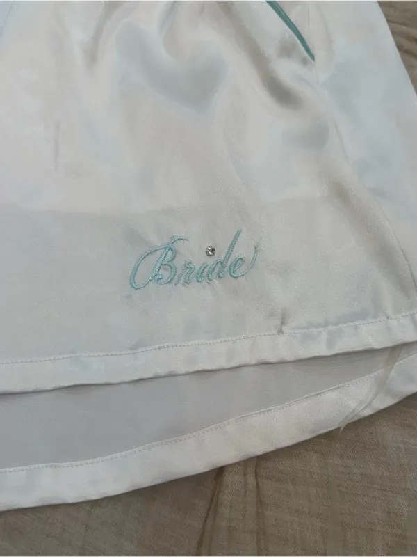 White satiny shorts with light blue piping, size L #bride #wedding - Image 2