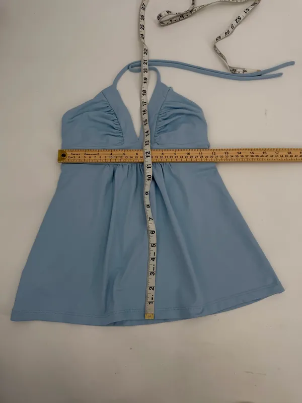 Susana Monaco Halter Top Womens XS Light Blue Ruched Gathered Vneck Stretch Tank - Image 6