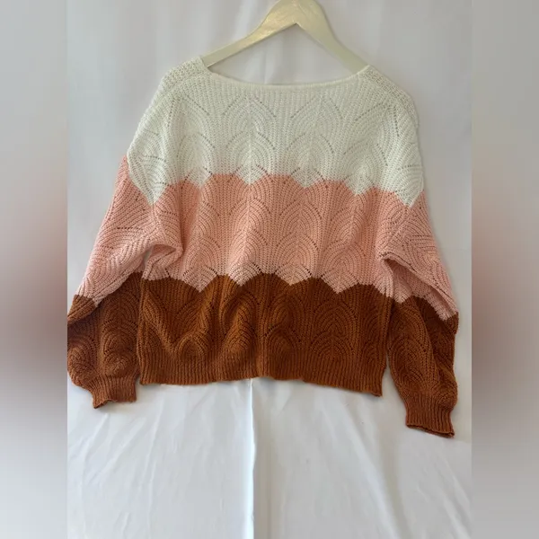 Colorblock Women Multicolor Puff Sleeve Color Block Pointelle Sweater Large - Image 2