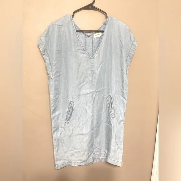 PORRIDGE Light Wash Blue Chambray Pockets Button Back‎ V-Neck Mini Dress Size S - Image 3