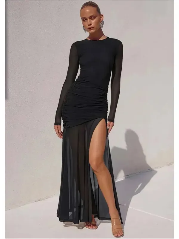 Black Long-Sleeve Ruched Maxi Dress with High Side Slit - Image 3