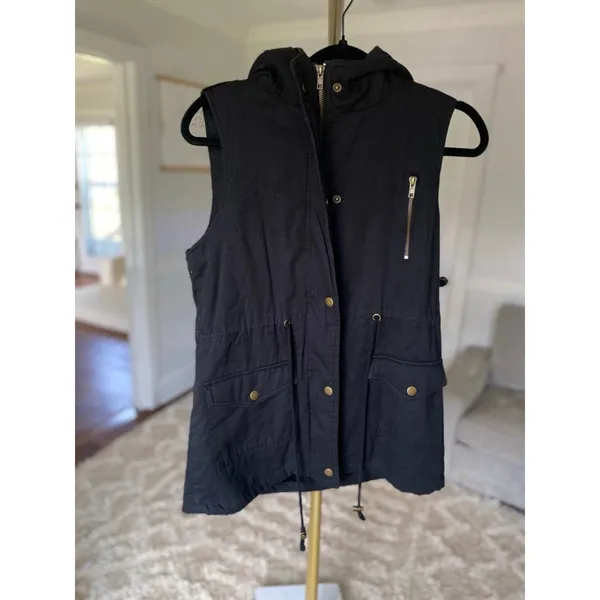 Zenana Outfitters Hooded Vest Black Utility Sherpa‎ Lined Streetwear Layers Boho - Image 2