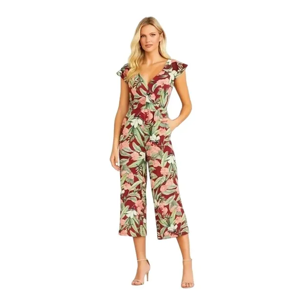 Ann Taylor Crop Jumpsuit Women 12 Tropical Ruffle Vacation Floral Resort Travel - Image 9
