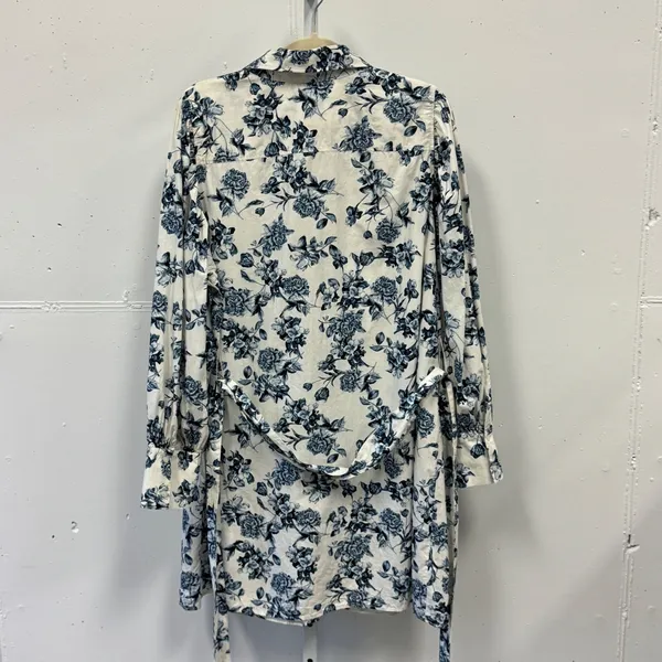 H&M Floral Cotton Shirt Tunic Dress XL Button Down Long Sleeve Belted Blue White - Image 2