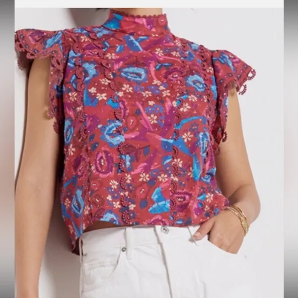 Farm Rio Floral Birds Blush Sleeveless Blouse Size XL $149 boho embroidered fall - Image 3