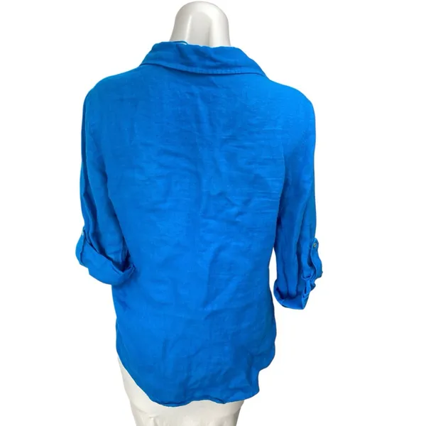 Zara Blue 100% Linen Half Sleeve Pocket V Neck Button Front Shirt Top Size S - Image 2