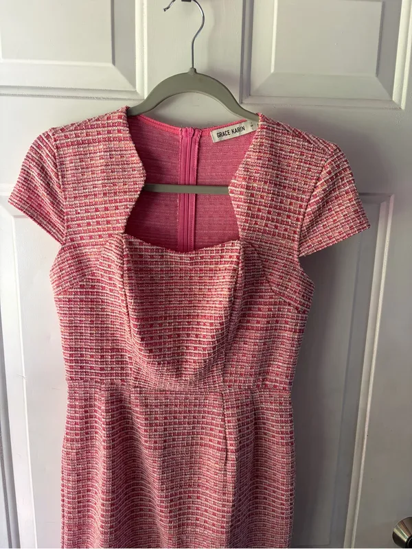 Grace Karin Pink Tweed Square Neck Mini Fit and Flare Dress Sz S VTG 60s Insp - Image 5