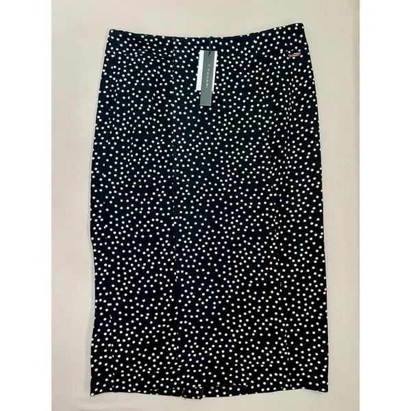 T TAHARI Midi Pencil Skirt Size S Black White Polka Dot Slit Leg Tummy Control - Image 10