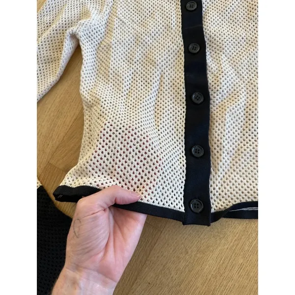VRG GRL Perforated Knit Cardigan in Light Tan & Black - Image 2
