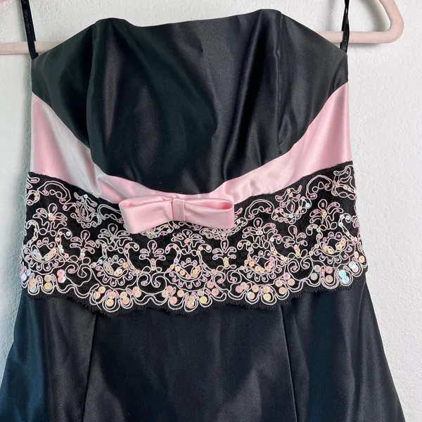 Vintage Gunne Sax Jessica McClintock Black Prom Mini Dress Ribbon Goth Retro Y2K - Image 3