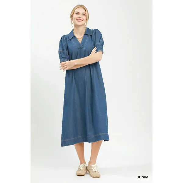 Umgee Chambray‎ Collared Puff Sleeve Dress - Denim - Small - Image 4