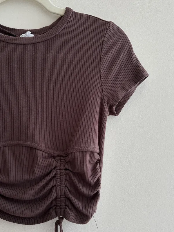 Garage Ribbed Cropped Tie Front Top, Casual Going Out Top, Brown, Size Medium - Image 4