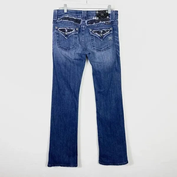 Miss Me Dark Wash Low Rise Rhinestone Embellished Flap Pocket Bootcut Jeans - Image 4
