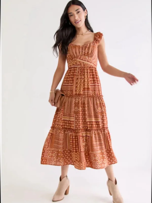NWT Trixxi Rust Orange Tiered Patchwork-Print Ruffled-Strap Midi Dress Sz Large - Image 2