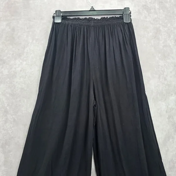 Black Wide Split Flowy Straight Beach Vacation Lounge 90s Pullon Boho Pants XS‎ - Image 9