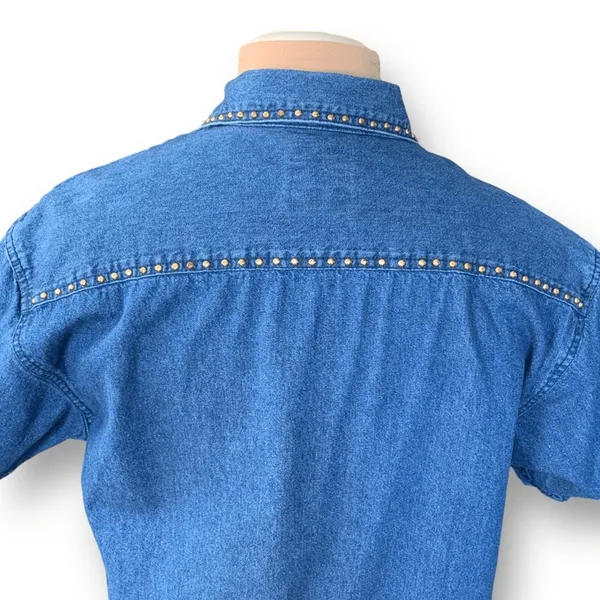 Vintage Studded Denim Western Shirt Medium Blue 90s Boho Festival‎ Cowgirl Top - Image 6