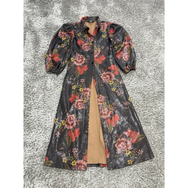 TOV Los Angeles Womens Floral Faux Leather Maxi Coat Dress Duster Jacket Size 38 - Image 2