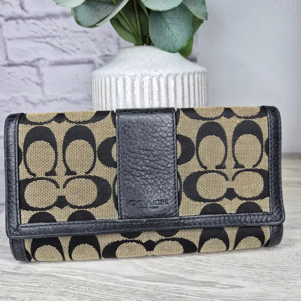 Coach Signature Jacquard Trifold Wallet Black Beige Canvas Leather Checkbook Y2K - Image 2