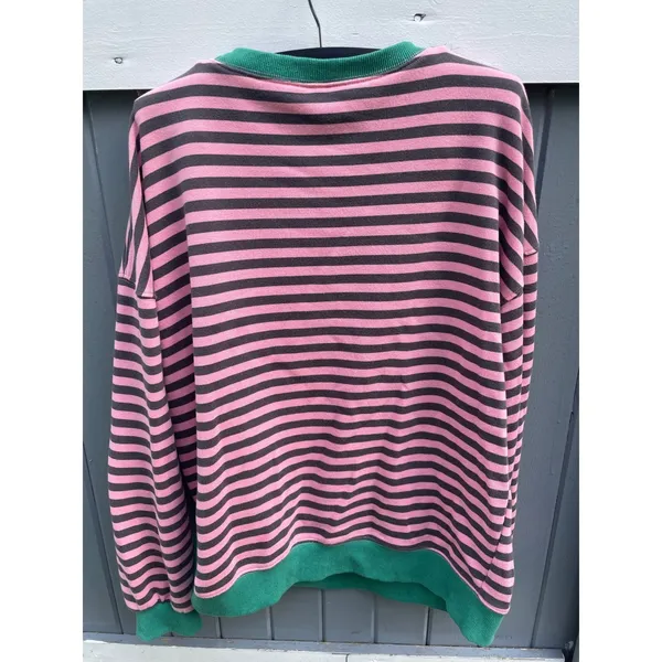 Unbranded Pink Grey Striped Sweatshirt Green Trim‎ French Terry Crewneck Large - Image 2