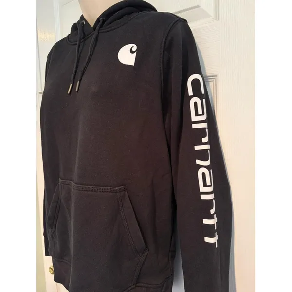 Carhartt Womens Relaxed Fit Hoodie Black‎ Logo Sleeve Sweatshirt TS0288 Medium M - Image 2