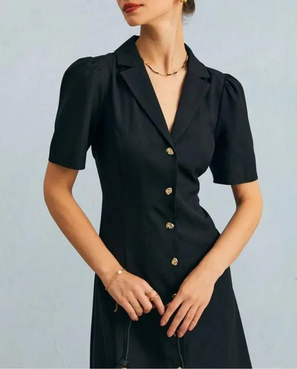 Rihoas The Black V Neck Button Puff Sleeve Midi Dress - Image 6