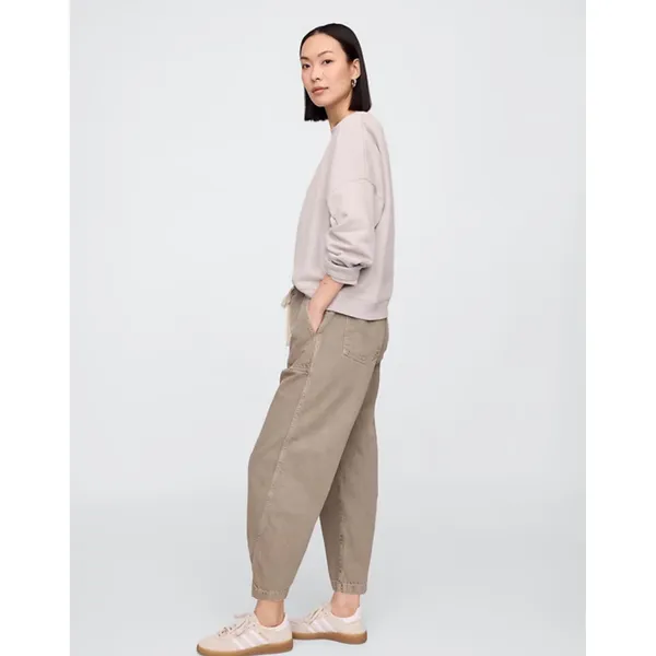 GAP Denim Pull-On Barrel Jeans Tan Khaki High Rise‎ Curved Leg Womens L Long - Image 2