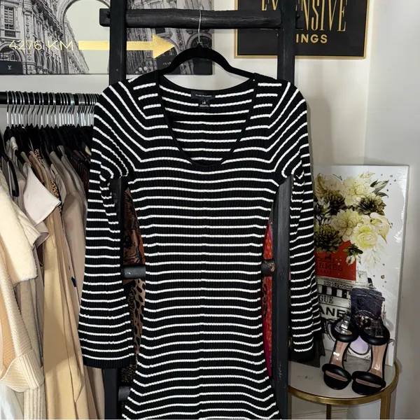 Club Monaco Black And White Striped Ribbed Midi Sweater Dress With Bell Sleeves - Image 8