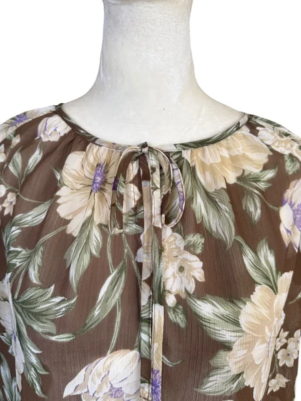 Loft brown and ivory floral ruffle tie front sheer blouse women's size medium - Image 5