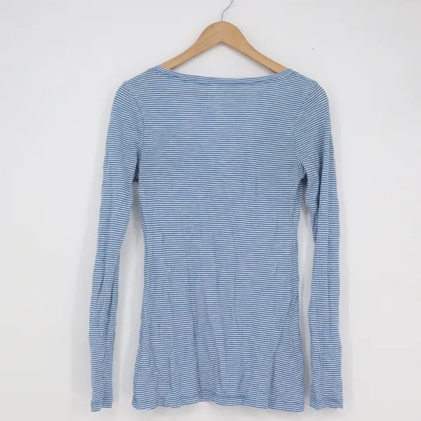 Old Navy Womens Blue White Striped Ruffle Henley Long Sleeve Top Tall Medium - Image 6