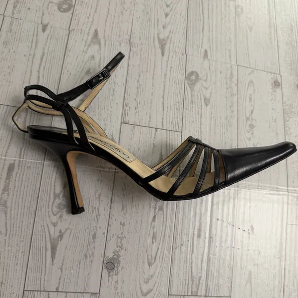 00s Y2k‎ JIMMY CHOO Black Strappy Cut Out Pointed Toe Stiletto Heeled Shoes 38.5 - Image 9