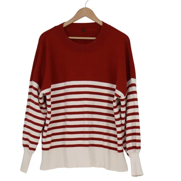 Red Cream Striped Oversized Crewneck Sweater Long Sleeve Side Slit Size M - Image 2