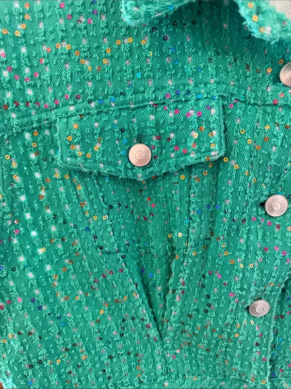 Peach Love California Green Tweed Sequin Utility Romper Size Medium Tournament - Image 4