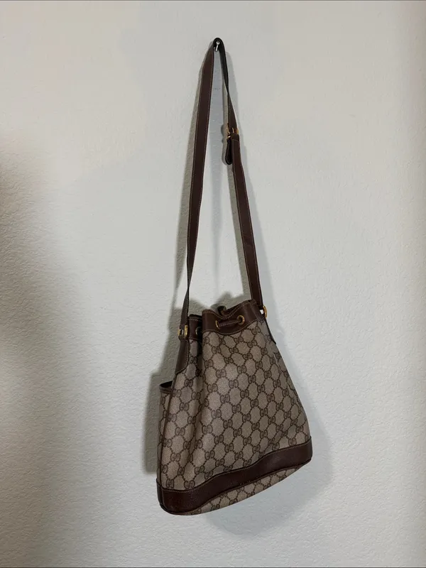 Authentic GUCCI Brown & Cream GG Supreme Monogram Drawstring Shoulder Bag Purse - Image 5