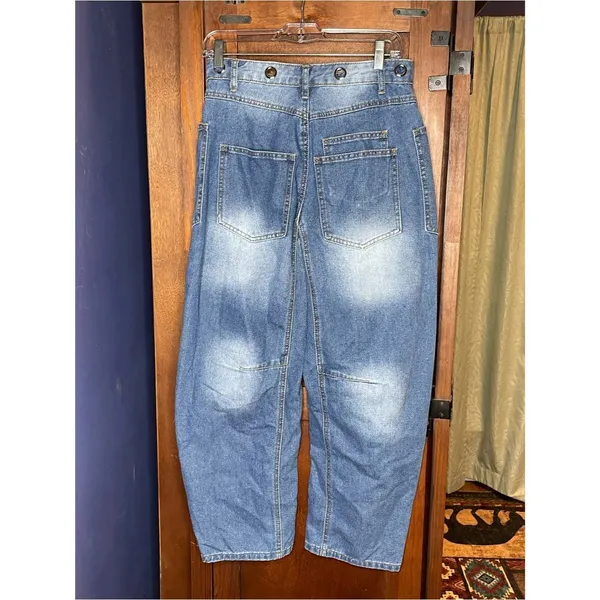 Barrel Leg Patchwork Jeans Denim Blue Cropped High Rise Size 28 Boho Indie Viral - Image 4