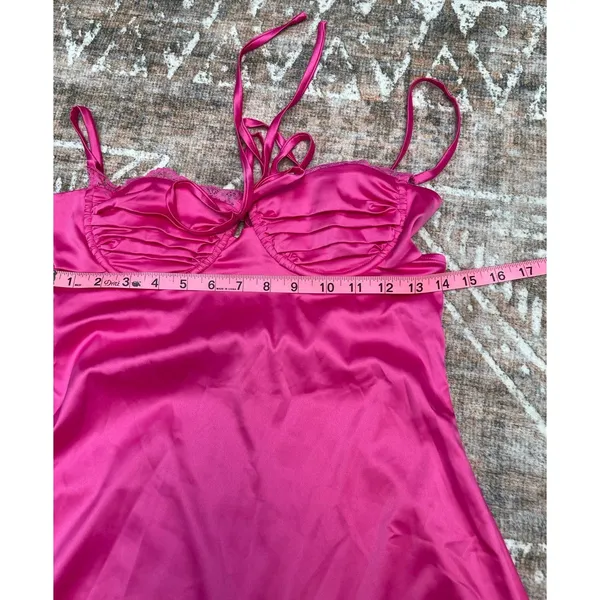 Hot Pink Satin Lace Slip Mini Dress NWT Size Small Ruched Spaghetti Strap Party - Image 13