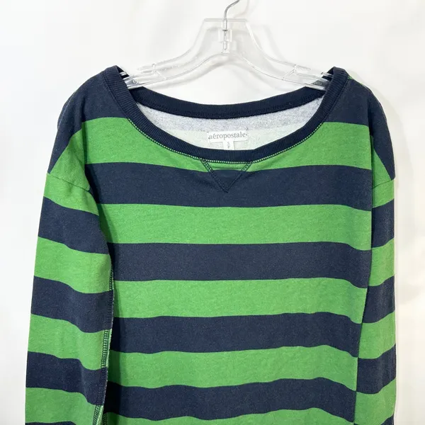 Aeropostale Small Tunic Sweatshirt VTG Y2K Green Navy Blue Striped Boat Neck 913 - Image 3