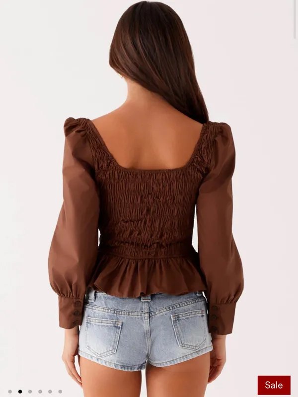 Peppermayo Joyce Long Sleeve Cotton Shirred Top - Chocolate - Image 2
