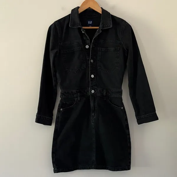 GAP Denim Mini Dress Long Sleeve Pocket in Black Wash‎ Button Front Size 4 - Image 4