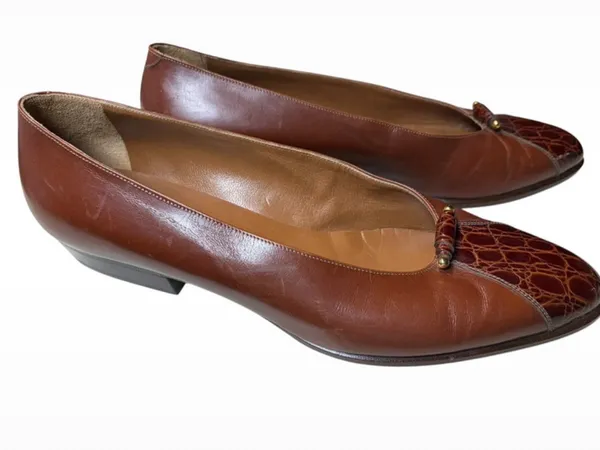 Vintage Bally Brown Leather Crocodile Cap Toe Flats - Size 7.5 - Made in Italy - Image 2