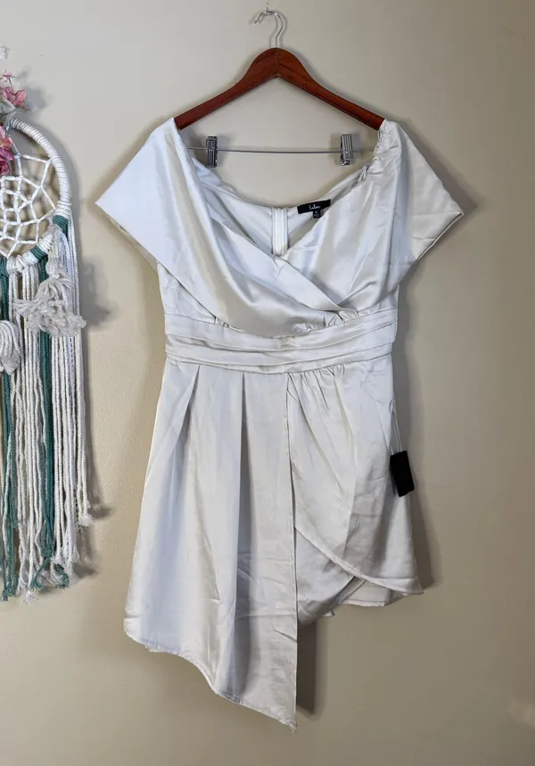 Lulu's Always Celebrating Ivory Satin Off The Shoulders Mini Dress Size XL - Image 3