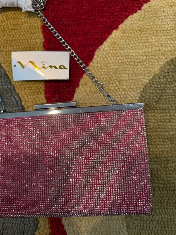 NWT Nina Pink Glitter Small Evening Purse Bag Formal Black Tie Metal Chain - Image 2