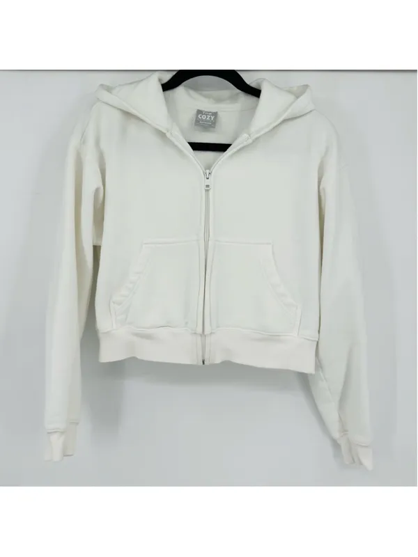 Aritzia Women's Tna White Terry Fleece Boyfriend Boxy Zip Hoodie XS - Image 2