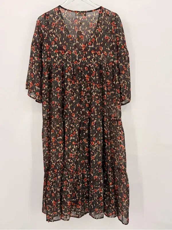 Natural Life Dress Size Small Brown Midi Floral V Neck Bell Sleeve Tiered Boho - Image 7