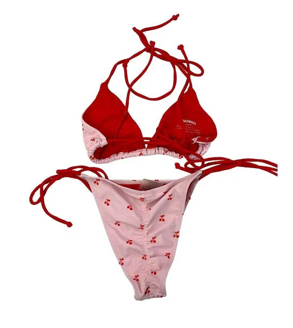 Baddest - Triangle Halter Neck Bikini Top & Side Tie Bottoms in Pink & Red - Image 5